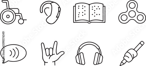 Disability and accessibility line icons set, inclusive healthcare symbols vector, 8 linear signs for special needs and neurodiversity