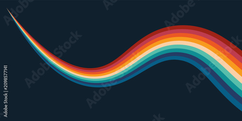 Abstract colorful 70s background vector. Vintage retro style wallpaper with lines, rainbow wavy stripes. 1970 color illustration design suitable for poster, banner, decorative, wall art.