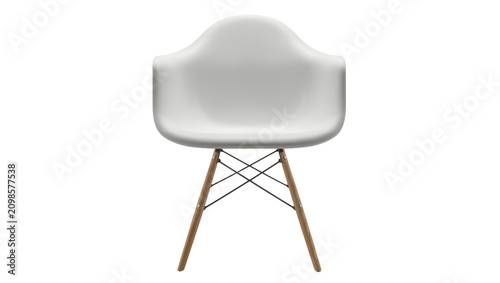 Bild auf Leinwand White molded plastic armchair with wooden dowel legs, isolated on transparent ba