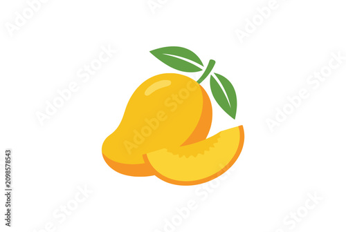 Canvastavla A ripe yellow mango with a slice and green leaves