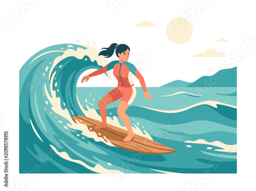 Photography A woman surfing on a large ocean wave in the sea