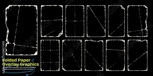 Folded paper overlay graphics collection with distressed vintage frame borders and grunge texture set