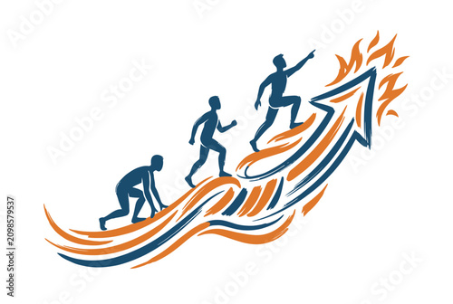 Obraz na płótnie Three runners ascend a stylized upward arrow with flames