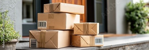 Cardboard packages stacking on a building entrance, symbolizing home delivery, doorstep service, and receiving mail or parcels