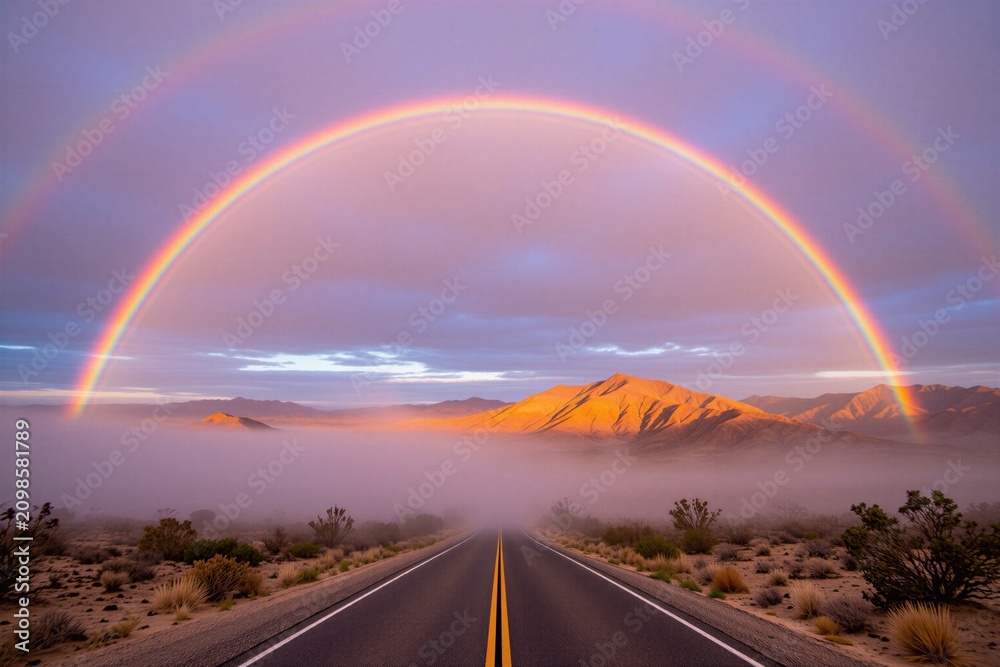 Obraz premium Double rainbow appears above asphalt desert road at sunrise. Thick fog covers dry valley floor near mountains. Scenic route stretches into horizon under colorful light. Bright atmospheric phenomena