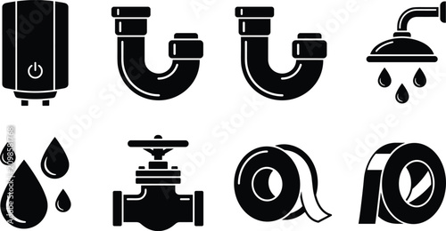 Plumbing service water pipe repair and home bathroom utility black solid glyph icon set for construction graphic design