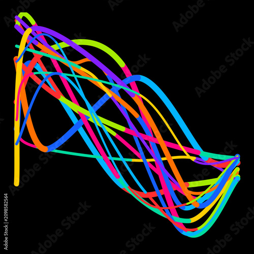 A dynamic and colorful abstract composition featuring a multitude of overlapping curved lines and shapes