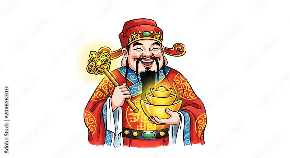 Obraz premium Smiling Chinese God of Wealth Caishen holding golden ingot and scepter for prosperity