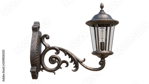 Ornate antique bronze wall lantern with clear glass panels, isolated on transparent background
