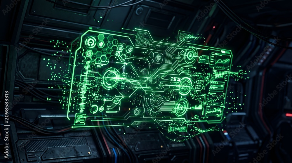 Fototapeta premium Glowing green futuristic digital interface shows circuit lines and data analytics in a dark environment.