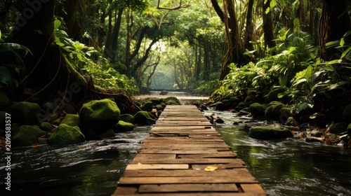 A serene wooden bridge spans a gentle forest stream surrounded by lush greenery