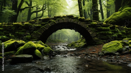 A serene stone bridge spans a gentle stream in a lush green forest