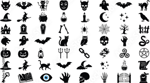 Spooky Halloween Silhouette Icon Set Mega Bundle Featuring Evil Devil Masks Witchcraft Potions Haunted Houses Ghosts Pumpkins Skulls Bats and Creepy Occult Symbols