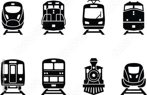 Принти на полотні Set of black silhouette icons representing various types of train and subway vehicles for transportation and travel themes