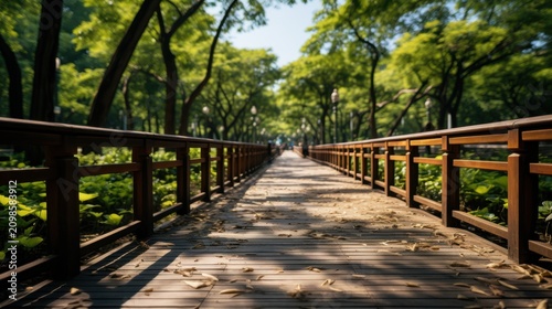 A serene wooden boardwalk surrounded by lush green trees in a park