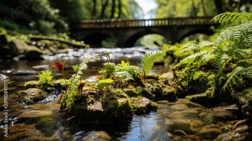 A serene and lush forest stream with a bridge in the background
