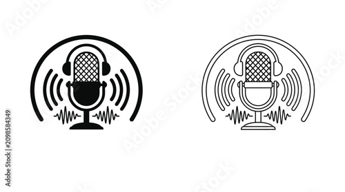 Foto Podcast Radio Microphone Line Art Icons With Sound Waves