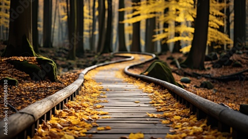 A winding wooden boardwalk through a vibrant autumn forest with yellow leaves