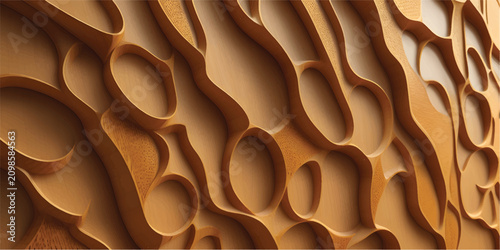 A close-up view of a porous material featuring numerous irregular holes and a light brown color, showcasing intricate textures and patterns.