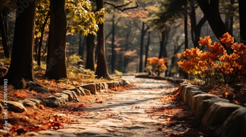 A serene autumnal forest path with vibrant orange foliage and fallen leaves