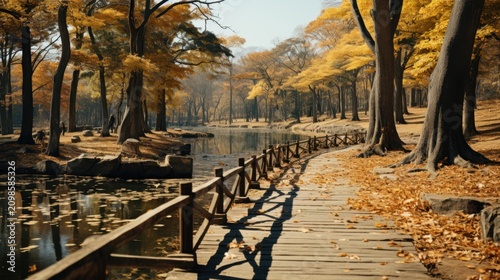 A serene wooden boardwalk winding through a vibrant autumnal forest by a lake