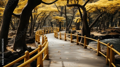 A serene wooden boardwalk winding through a vibrant autumn forest with yellow trees