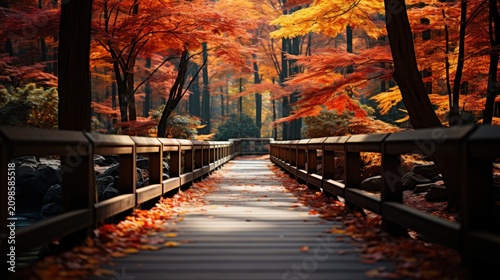 A serene wooden bridge surrounded by vibrant autumn trees in a forest
