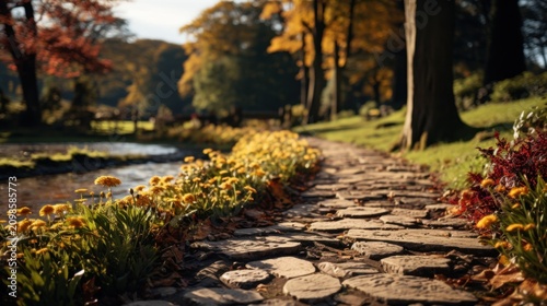 A serene stone pathway lined with vibrant flowers in a park during autumn