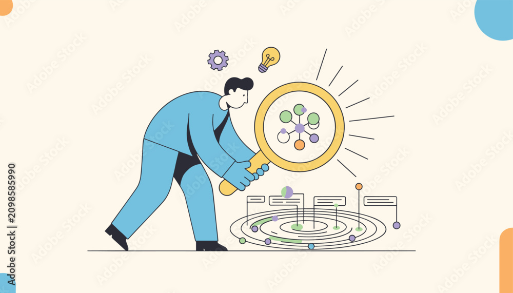 Obraz premium Professional analyst using a large magnifying glass to examine complex data points and network connections for business insights.