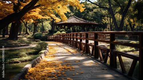 A serene wooden bridge in a park with a gazebo during autumn