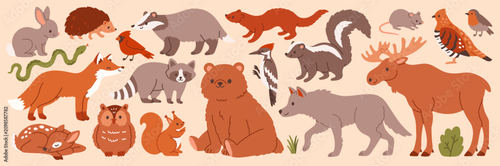 Obraz premium Cute autumn forest animals set. Vector illustration of woodland wild fauna like bear, fox, deer, owl, squirrel, and moose in flat cartoon style for kids, greeting cards, and educational design