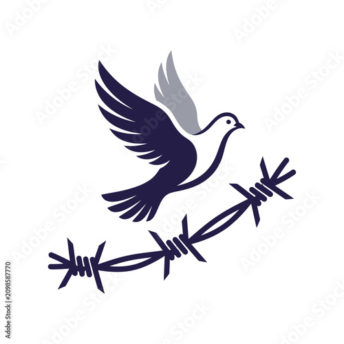 Tableau sur toile Symbolic dove of peace flies above dark barbed wire