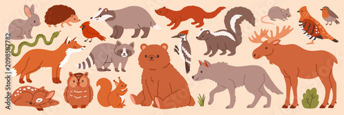 Cute autumn forest animals set. Vector illustration of woodland wild fauna like bear, fox, deer, owl, squirrel, and moose in flat cartoon style for kids, greeting cards, and educational design