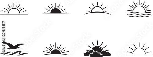Minimalist sunrise and sunset icon set with modern line symbols for nature, weather, branding, and UI.