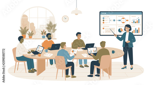 Schilderij op canvas Diverse group of business professionals engaged in a meeting with a presentation on a large screen in a bright office setting