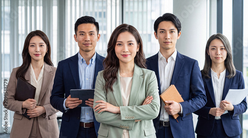 Photos Diverse group of smiling Asian business professionals standing together confidently in a bright modern office