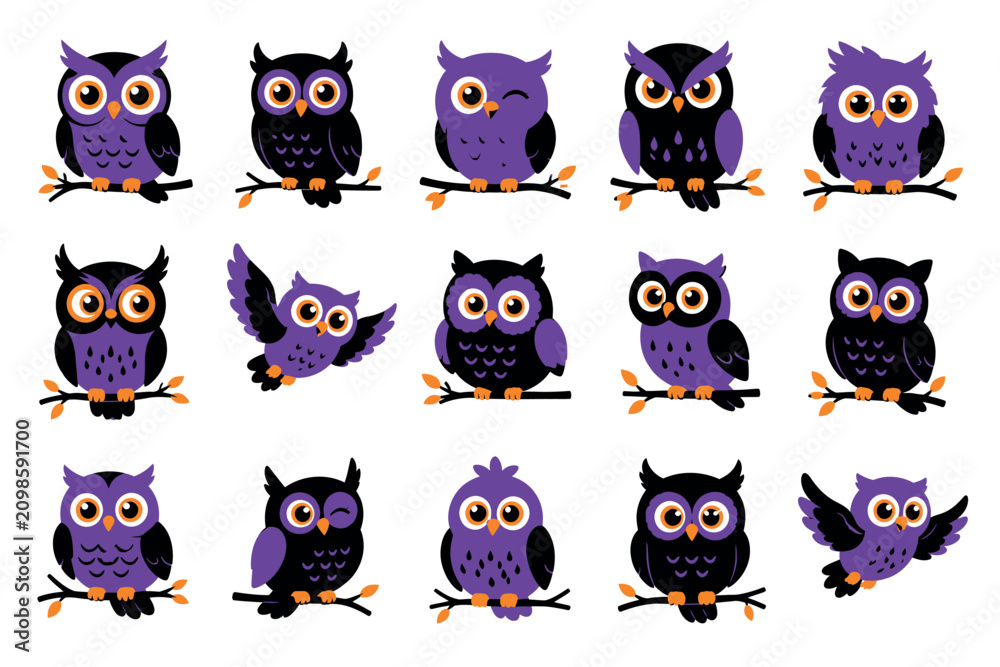 Obraz premium Set of Funny Cute Cartoon Owl Characters Vector Illustration Collection with Adorable Bird Faces for Kids Icons Patterns and Creative Design