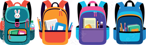 Foto Colorful school backpacks vector set with cute cartoon knapsacks and educational