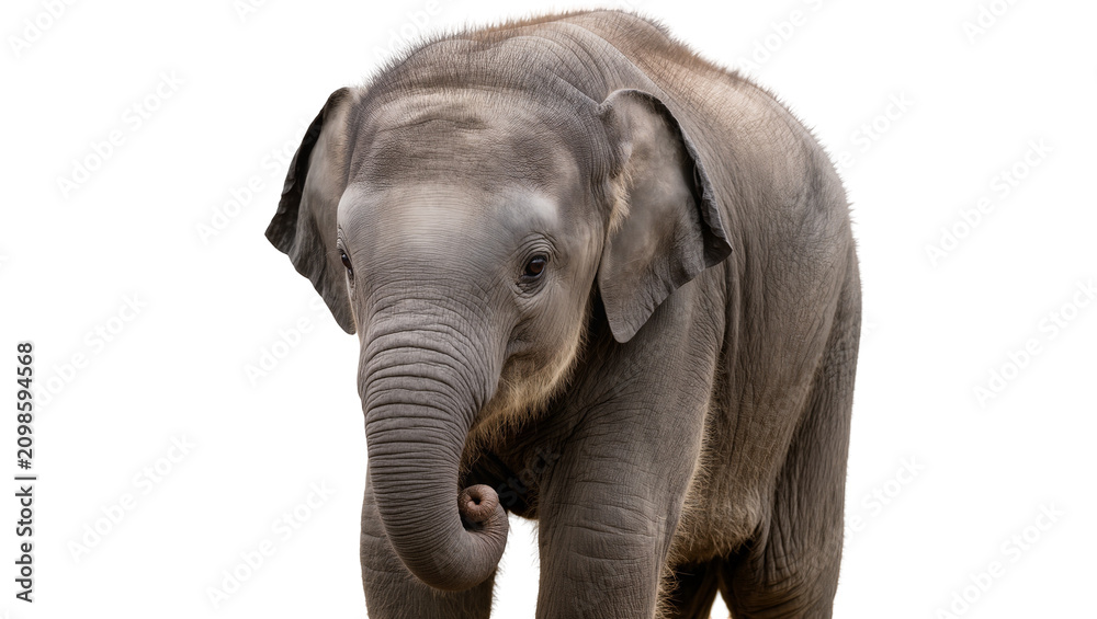 Fototapeta premium Young elephant calf with wrinkled grey skin, isolated on transparent background