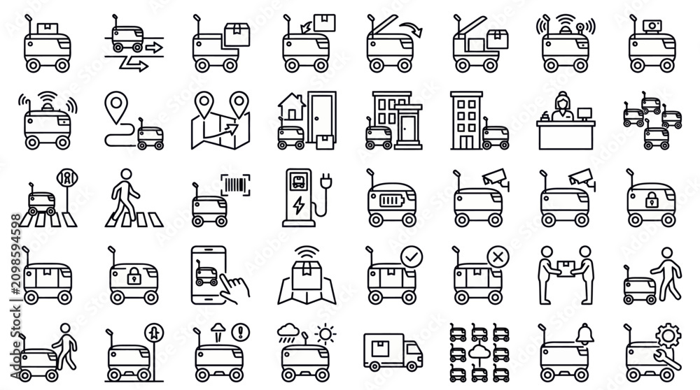 Obraz premium Collection of black line icons depicting various delivery trucks and robots