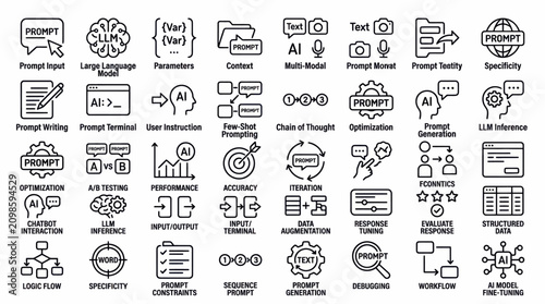 Black and white icons illustrating ai prompt engineering concepts and techniques