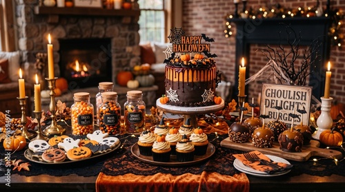 Sophisticated Halloween Sweet Table with Haunted House Tiered Chocolate Cake