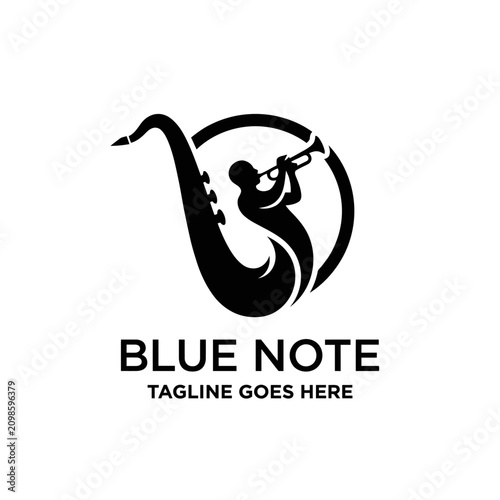 Photography Artistic music logo combining saxophone shapes with a performer for jazz clubs
