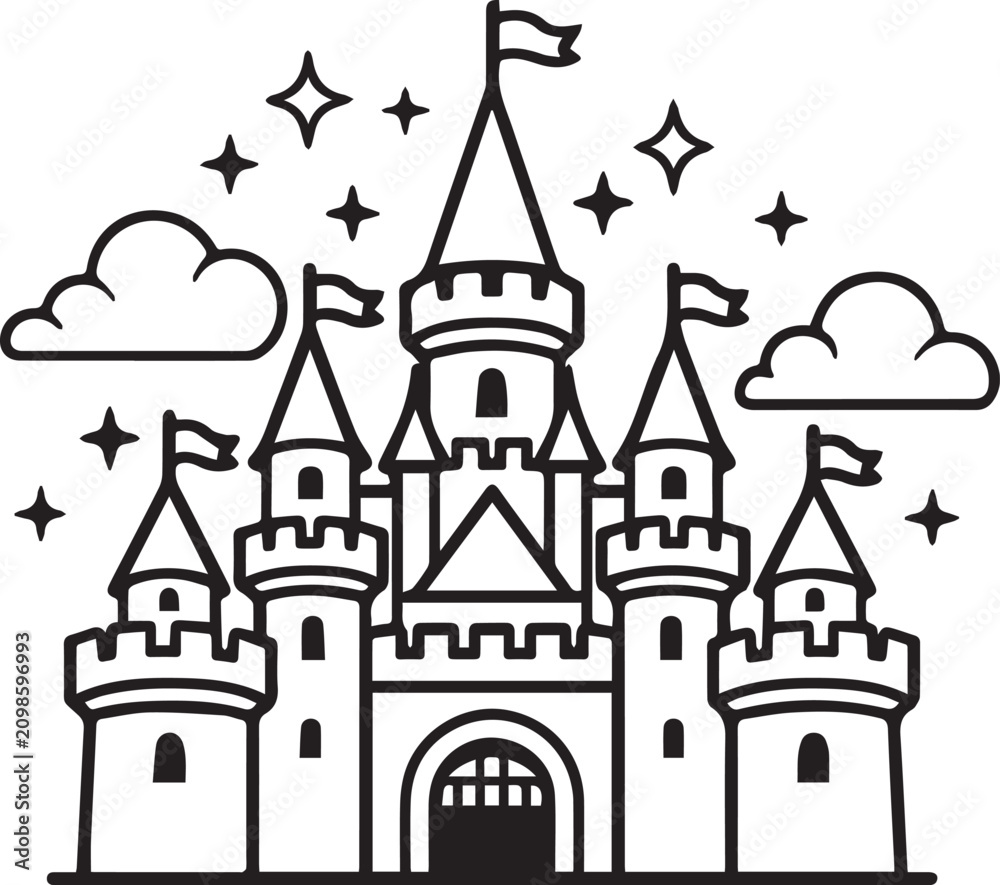 Fototapeta premium Grand fairytale castle icon with multiple turrets flags and starry sky background art.