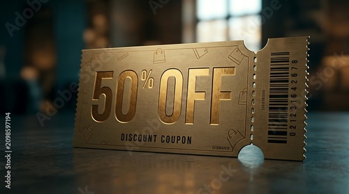 Golden 50% off discount coupon with shopping bag and barcode, presented on a textured surface fifty