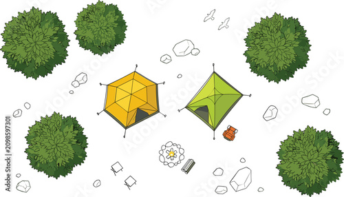 Foto Campsite Top View Map Plan Vector Illustration Featuring Camping Tents Campfire