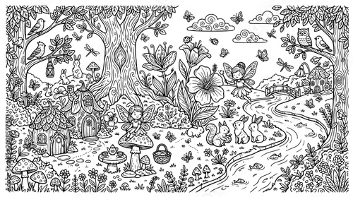 Enchanted Fairy Forest Coloring Page Vector with Cute Pixies Magical Treehouses Woodland Animals River and Mystical Nature Elements for Kids and Adults