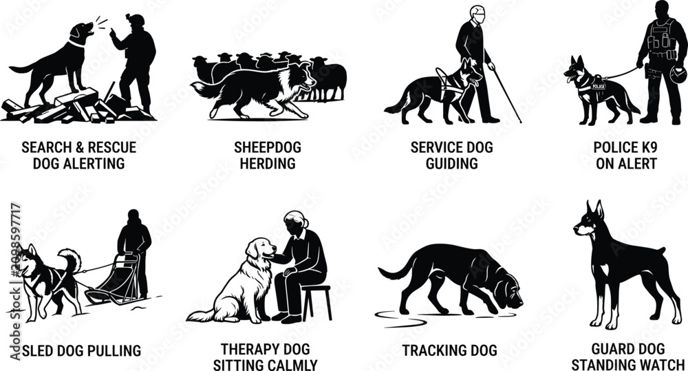 Fototapeta premium Collection of professional working dog silhouettes showing diverse roles, training, and specialized canine tasks