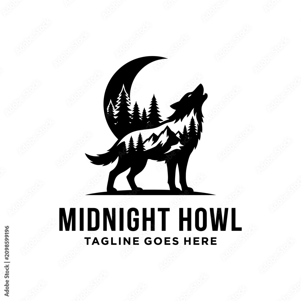 Fototapeta premium Minimalist wolf silhouette logo featuring mountain and pine tree scenery. Ideal for outdoor and wilderness branding.