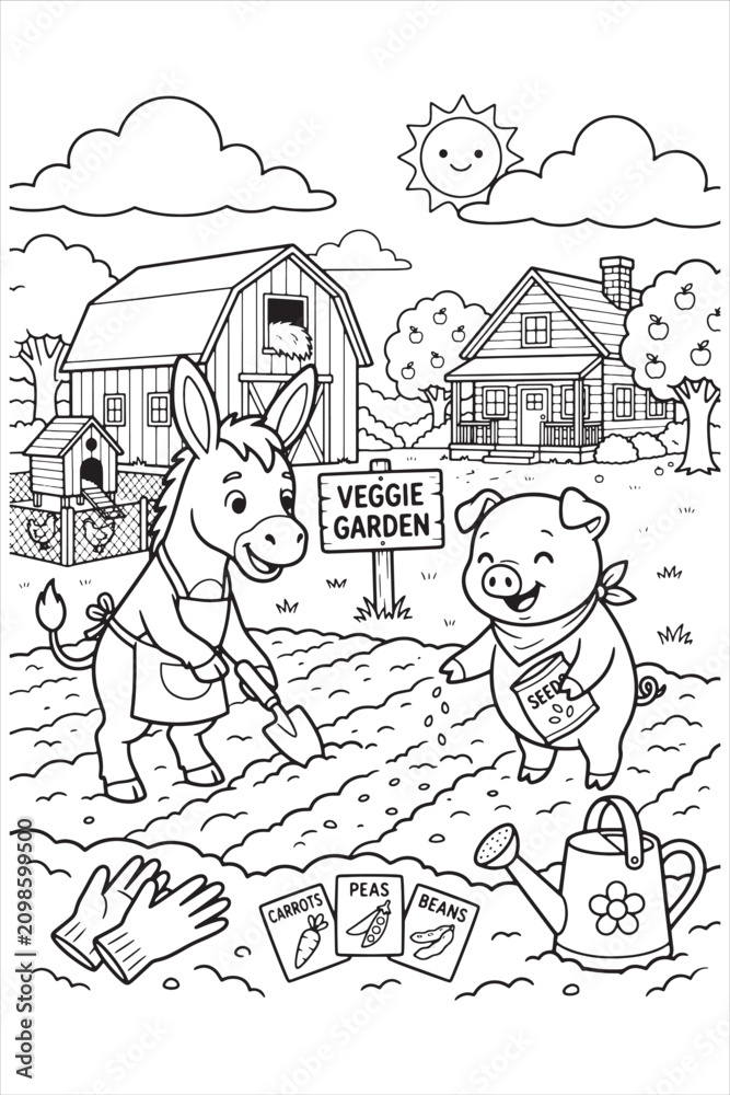 Naklejka premium Coloring Book Cover Illustration of Cute Animals in a Veggie Garden Scene for Children